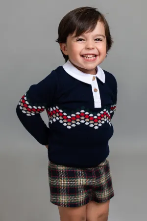 "Percy" Navy Knit Polo Shirt & Tartan Shorts