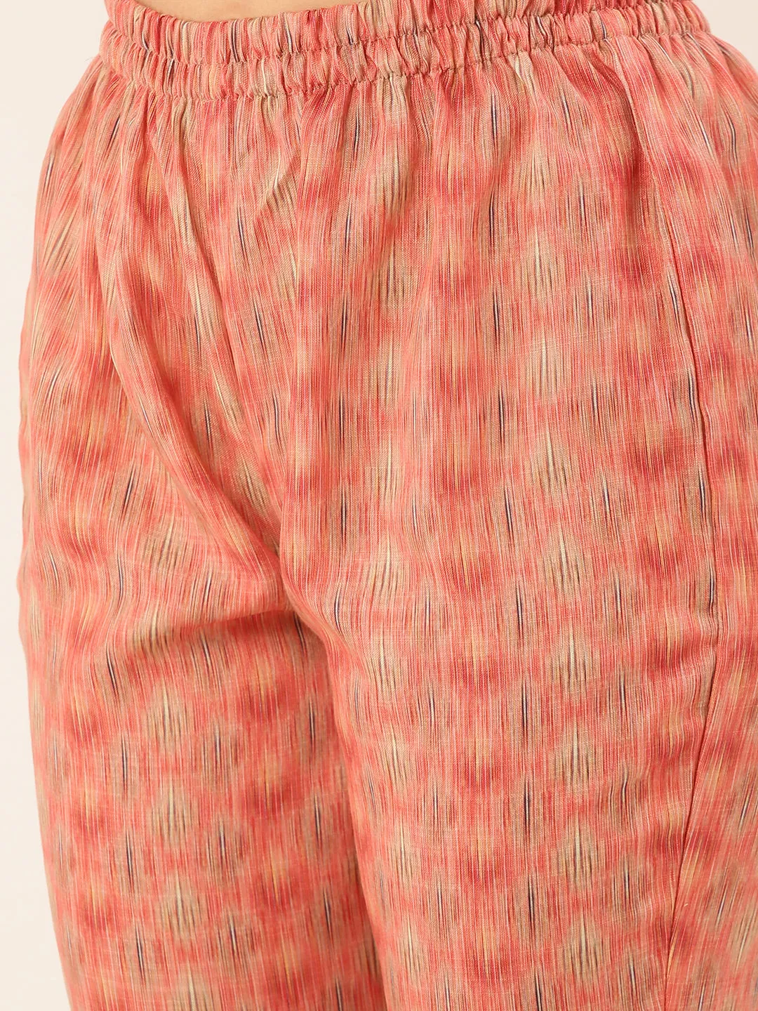 Round Neck Linen All Over Geometric Floral Print Peach Straight Kurta Set With Dupatta For Women - ZOLA