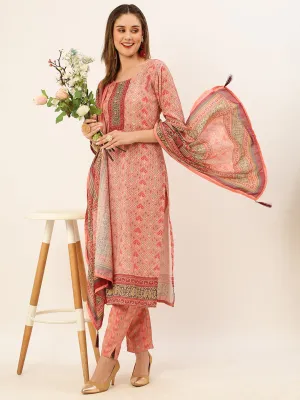 Round Neck Linen All Over Geometric Floral Print Peach Straight Kurta Set With Dupatta For Women - ZOLA
