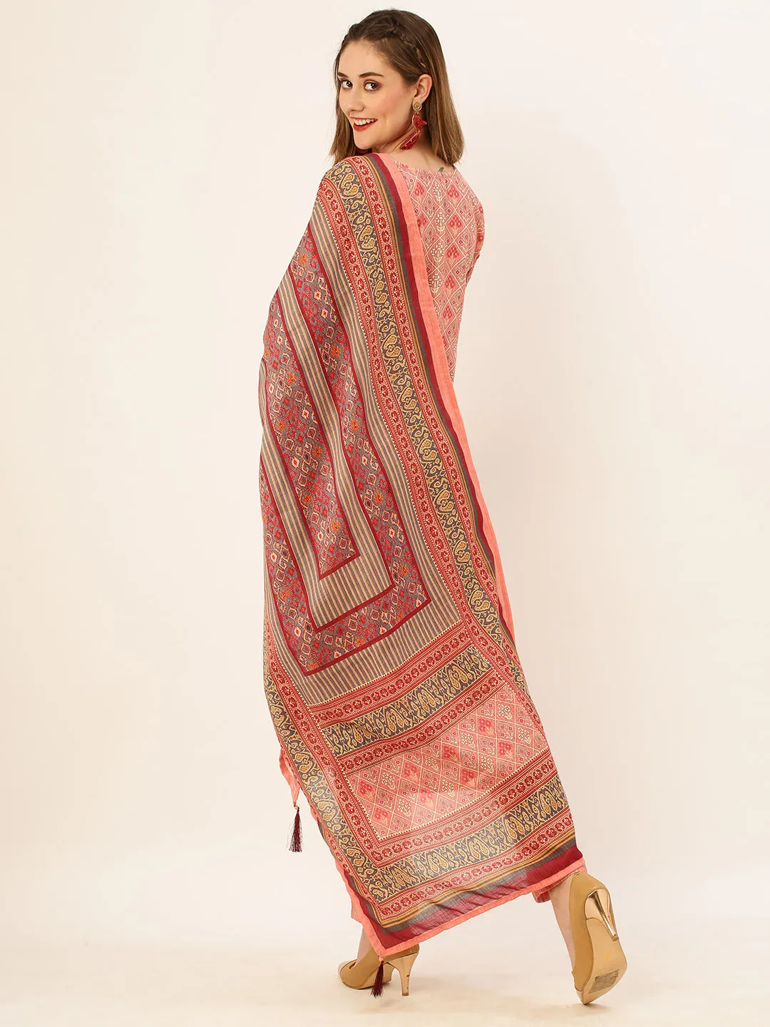 Round Neck Linen All Over Geometric Floral Print Peach Straight Kurta Set With Dupatta For Women - ZOLA