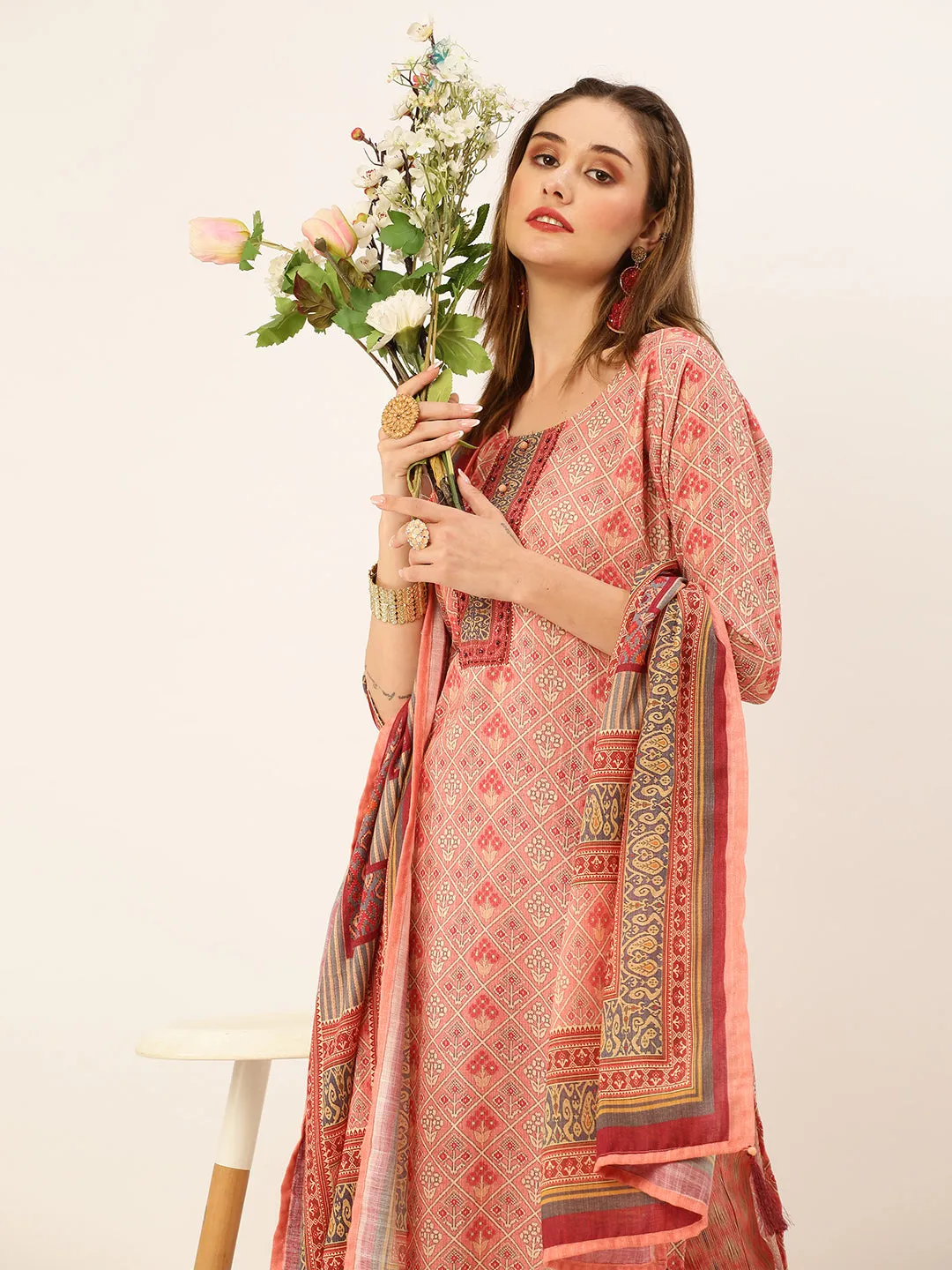 Round Neck Linen All Over Geometric Floral Print Peach Straight Kurta Set With Dupatta For Women - ZOLA