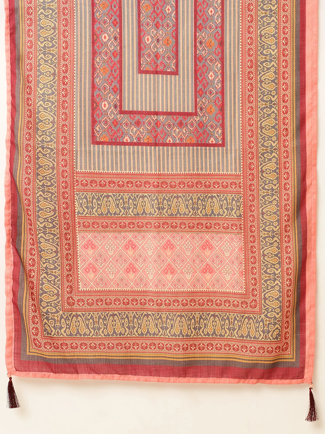 Round Neck Linen All Over Geometric Floral Print Peach Straight Kurta Set With Dupatta For Women - ZOLA