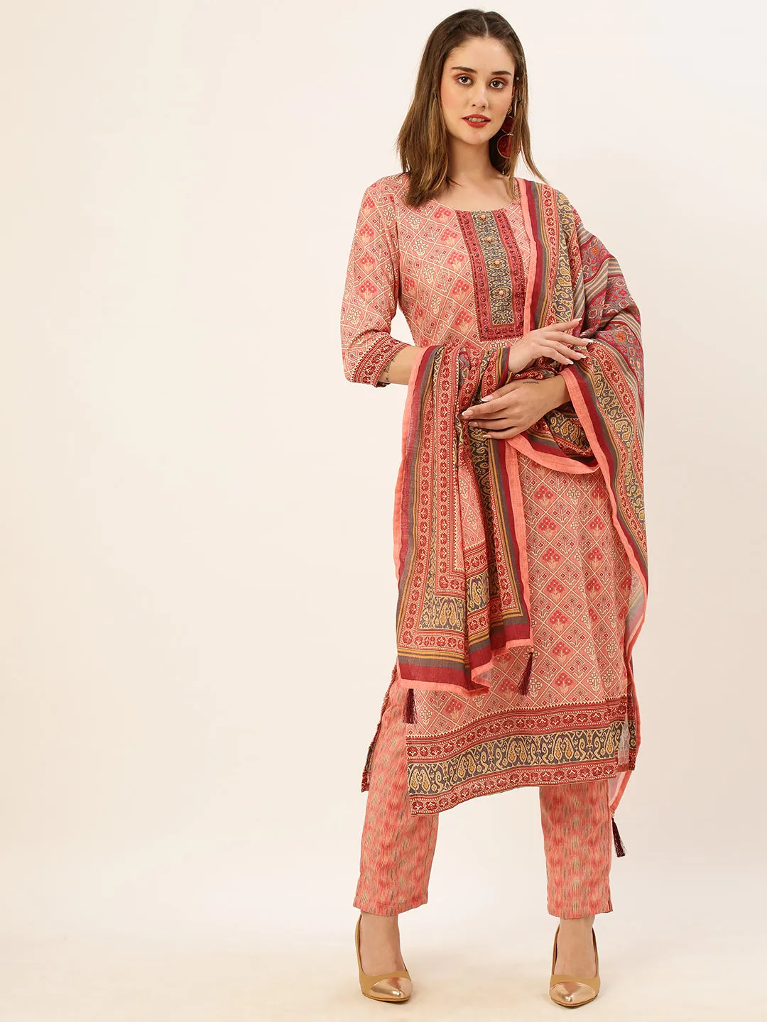 Round Neck Linen All Over Geometric Floral Print Peach Straight Kurta Set With Dupatta For Women - ZOLA