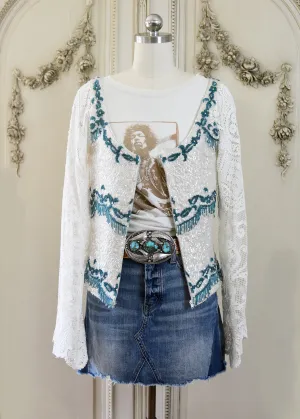 Ruby Antique Creme Hand Embroidered Teal Beaded Sequin Jacket - Filet Lace Sleeves