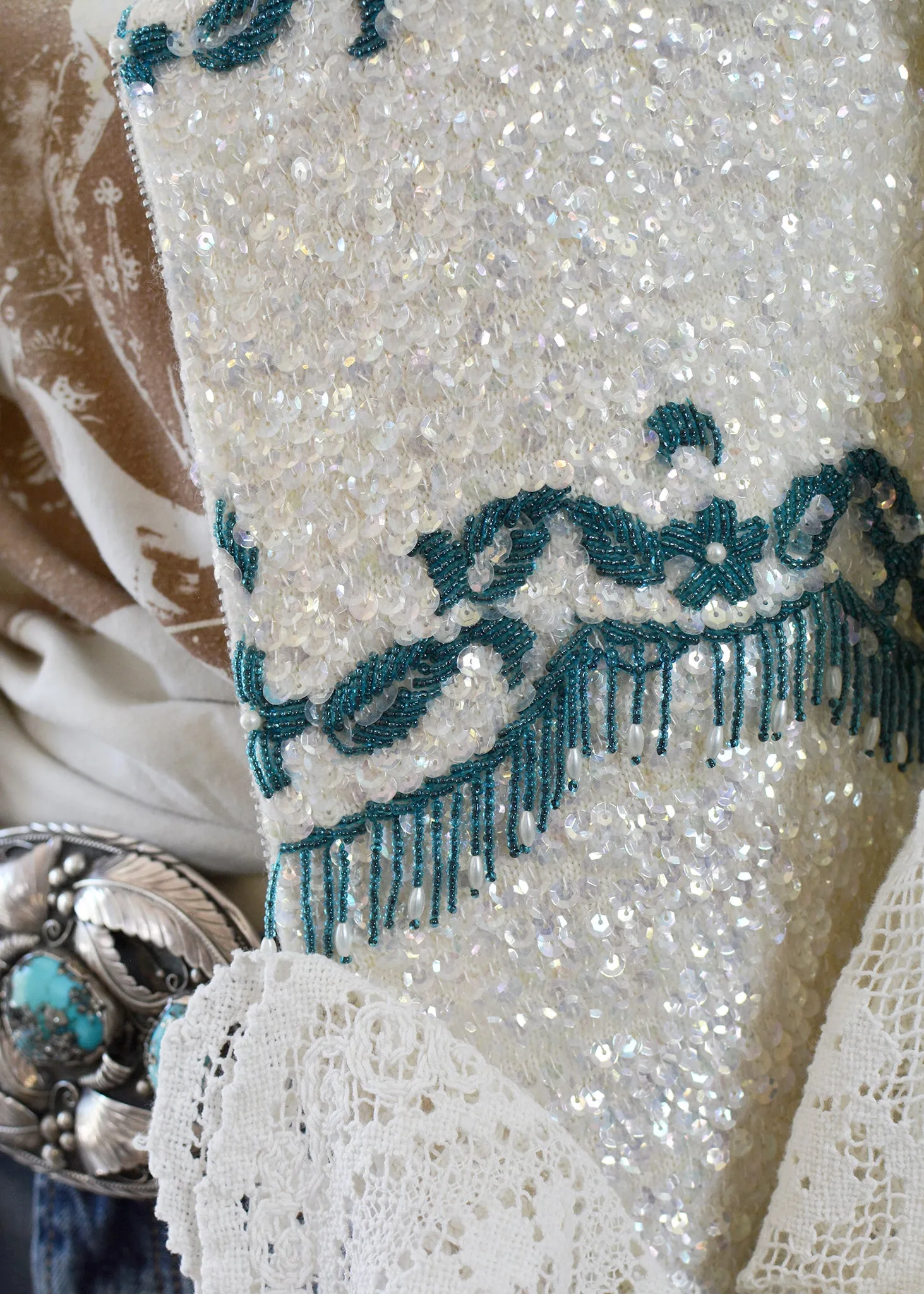 Ruby Antique Creme Hand Embroidered Teal Beaded Sequin Jacket - Filet Lace Sleeves