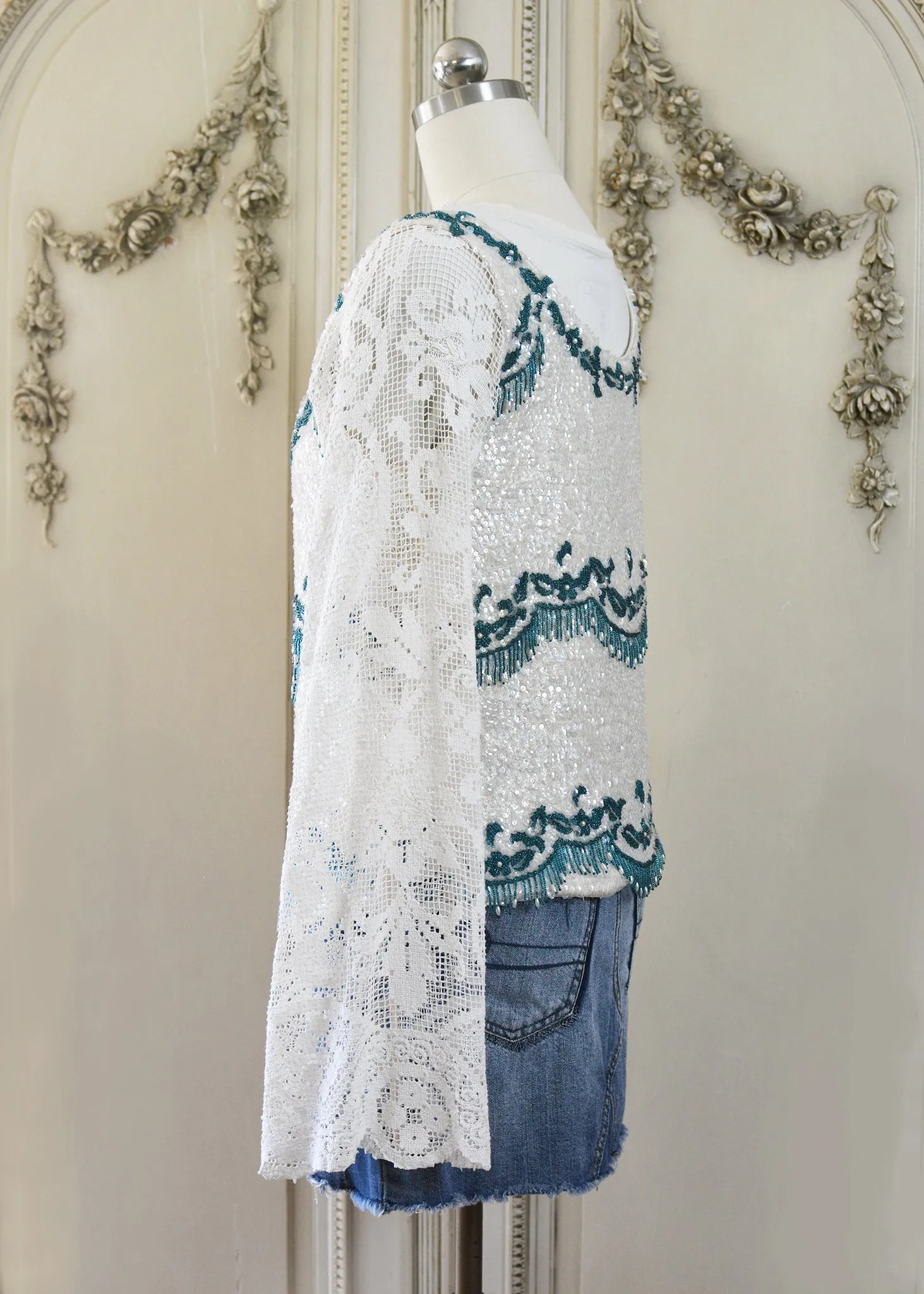 Ruby Antique Creme Hand Embroidered Teal Beaded Sequin Jacket - Filet Lace Sleeves
