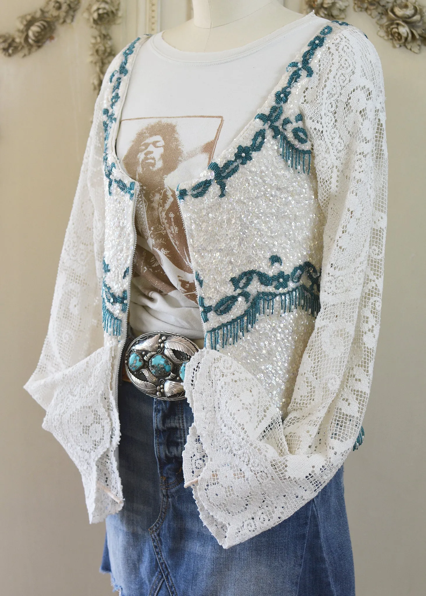 Ruby Antique Creme Hand Embroidered Teal Beaded Sequin Jacket - Filet Lace Sleeves