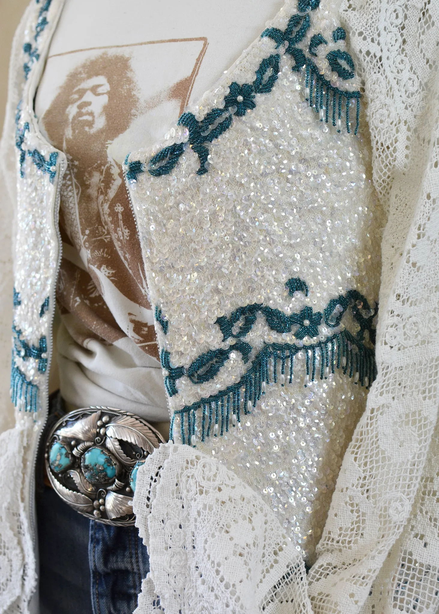 Ruby Antique Creme Hand Embroidered Teal Beaded Sequin Jacket - Filet Lace Sleeves