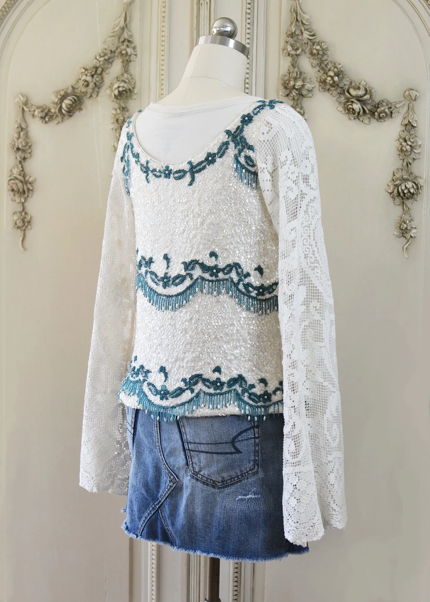 Ruby Antique Creme Hand Embroidered Teal Beaded Sequin Jacket - Filet Lace Sleeves
