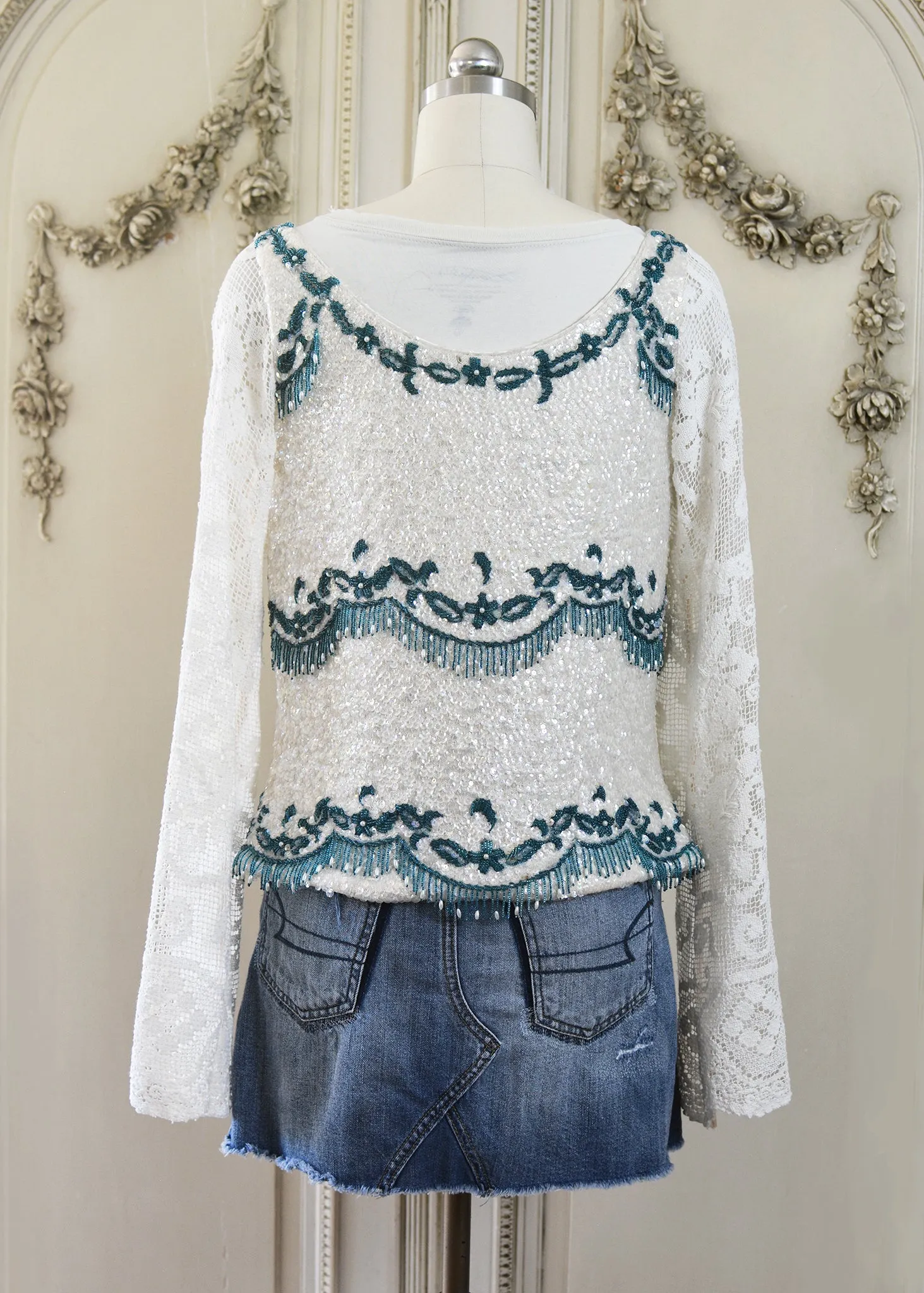 Ruby Antique Creme Hand Embroidered Teal Beaded Sequin Jacket - Filet Lace Sleeves