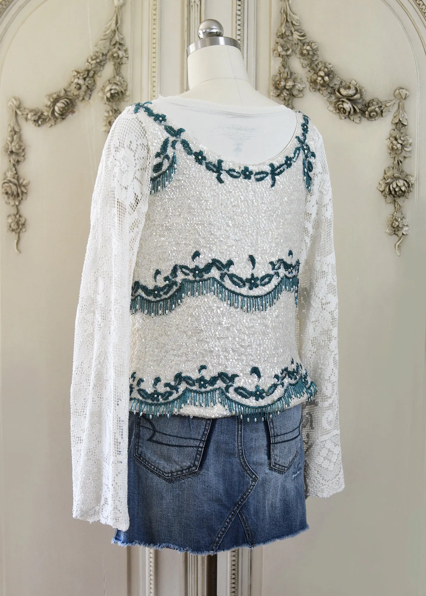 Ruby Antique Creme Hand Embroidered Teal Beaded Sequin Jacket - Filet Lace Sleeves