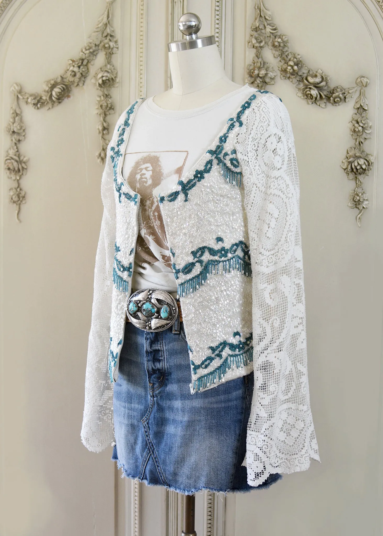 Ruby Antique Creme Hand Embroidered Teal Beaded Sequin Jacket - Filet Lace Sleeves