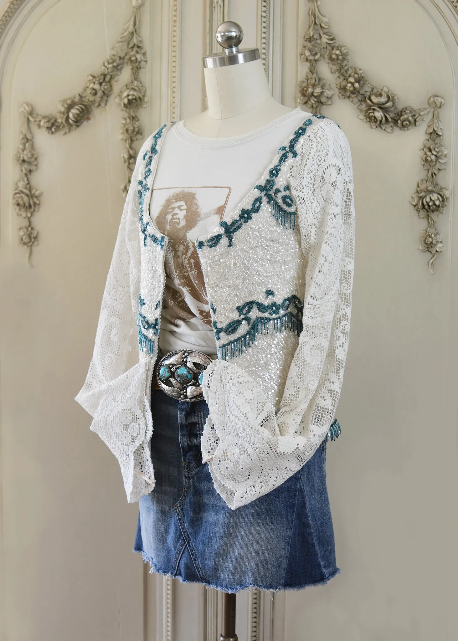 Ruby Antique Creme Hand Embroidered Teal Beaded Sequin Jacket - Filet Lace Sleeves