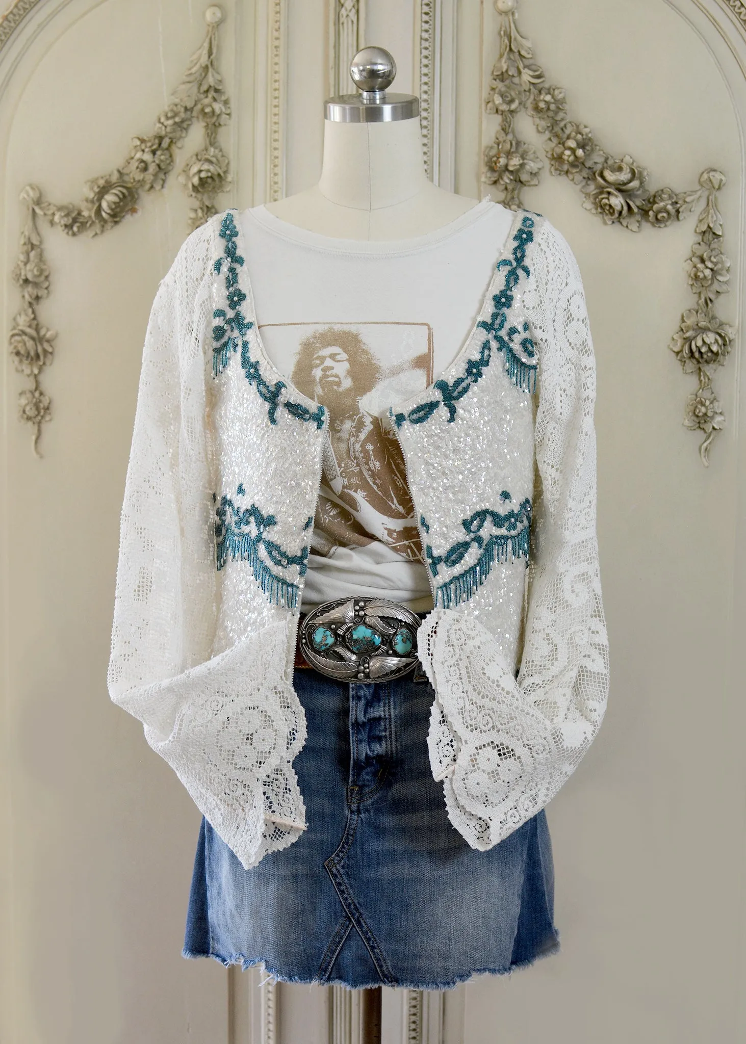 Ruby Antique Creme Hand Embroidered Teal Beaded Sequin Jacket - Filet Lace Sleeves