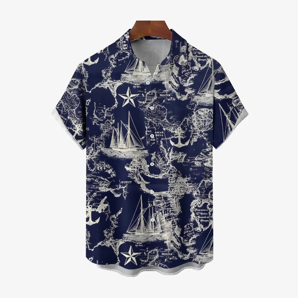 Sailing Sailboat Printed Casual Oversized Short Sleeve Shirt 2407000606