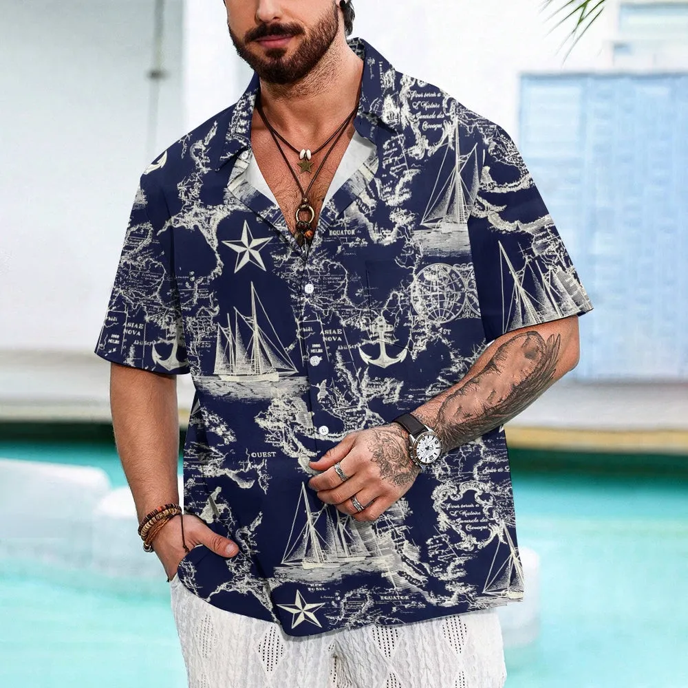 Sailing Sailboat Printed Casual Oversized Short Sleeve Shirt 2407000606
