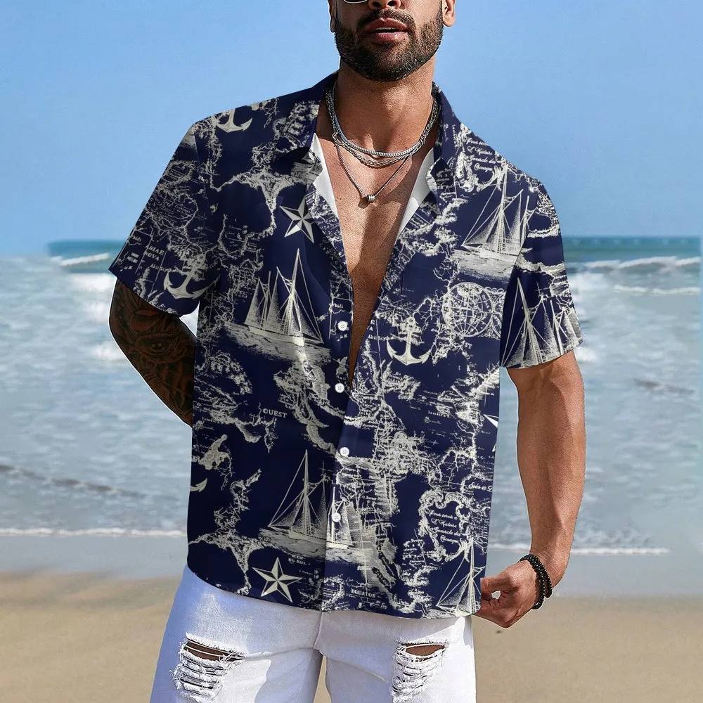 Sailing Sailboat Printed Casual Oversized Short Sleeve Shirt 2407000606