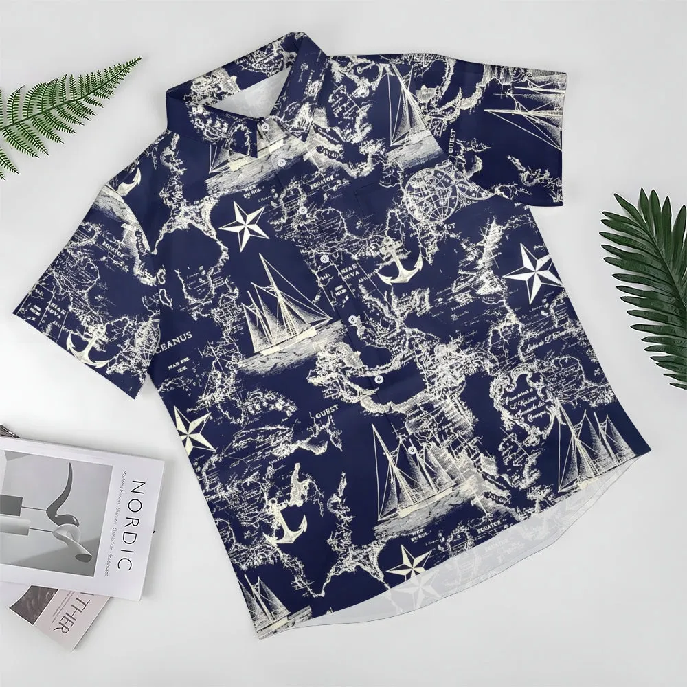 Sailing Sailboat Printed Casual Oversized Short Sleeve Shirt 2407000606