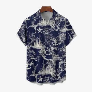 Sailing Sailboat Printed Casual Oversized Short Sleeve Shirt 2407000606