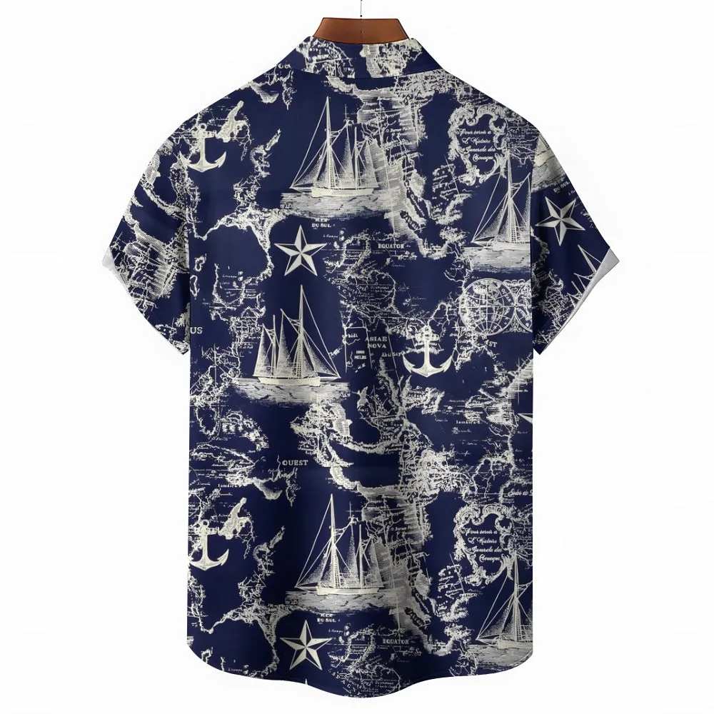Sailing Sailboat Printed Casual Oversized Short Sleeve Shirt 2407000606