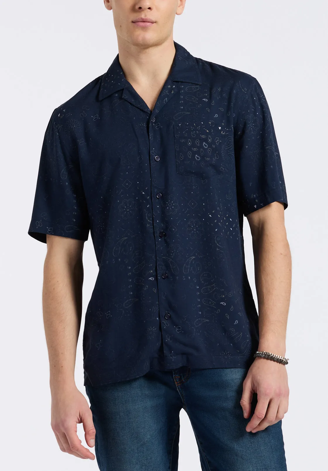 Sandro Men's Lightweight Short-Sleeve Button-Up Bandana Print Camp Shirt, Whale - BM24554