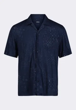 Sandro Men's Lightweight Short-Sleeve Button-Up Bandana Print Camp Shirt, Whale - BM24554
