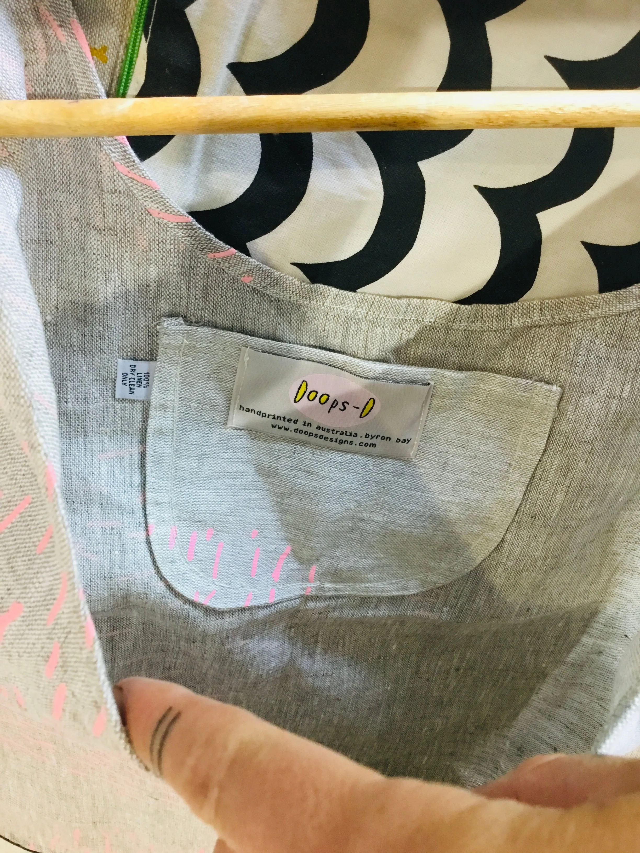 Screen printed linen bag.