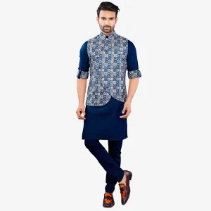 Symmetry  Blue Kurta with Geometric Printed Jacket