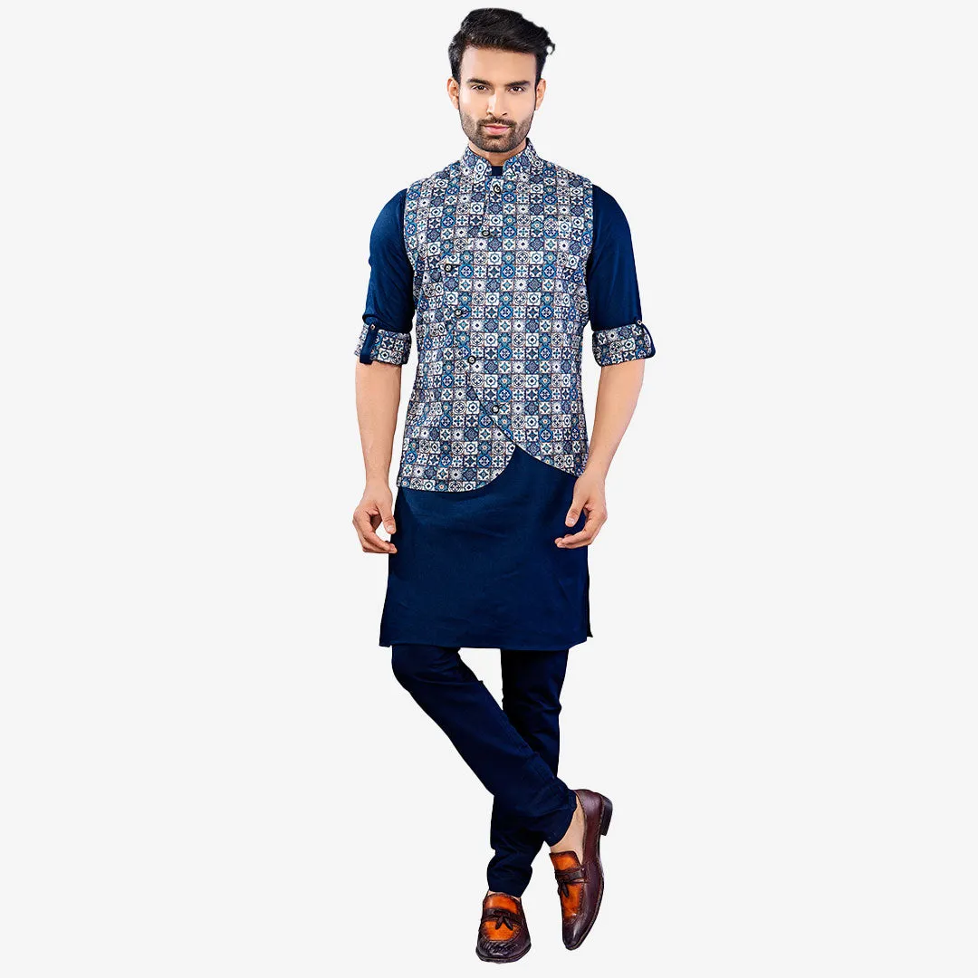 Symmetry  Blue Kurta with Geometric Printed Jacket