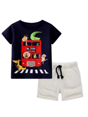 The Busy Bus 2 Piece Set - Boys Navy T-shirt and Beige Shorts Set
