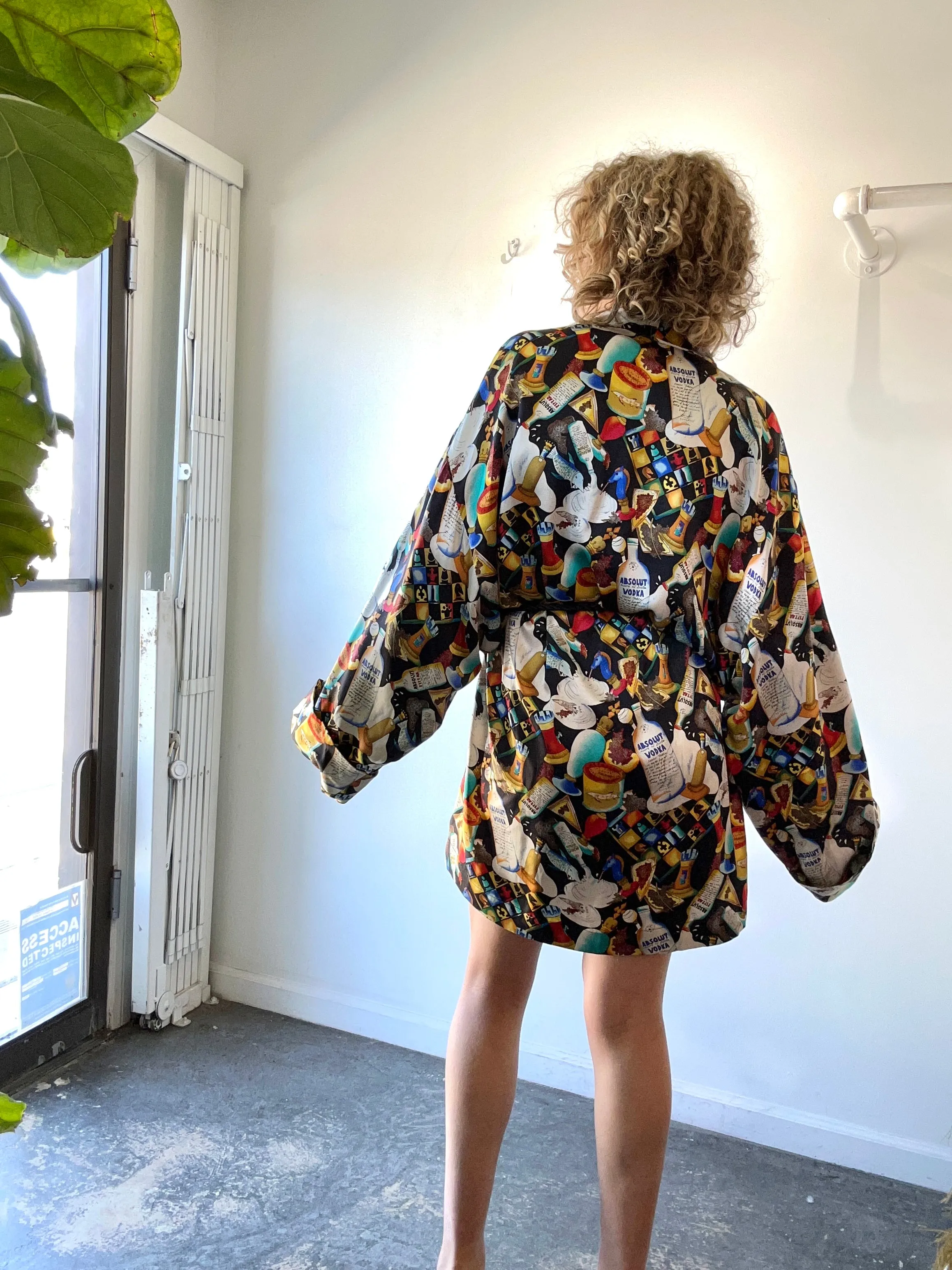 Vintage Nicole Miller Black Silk Absolut Vodka Robe