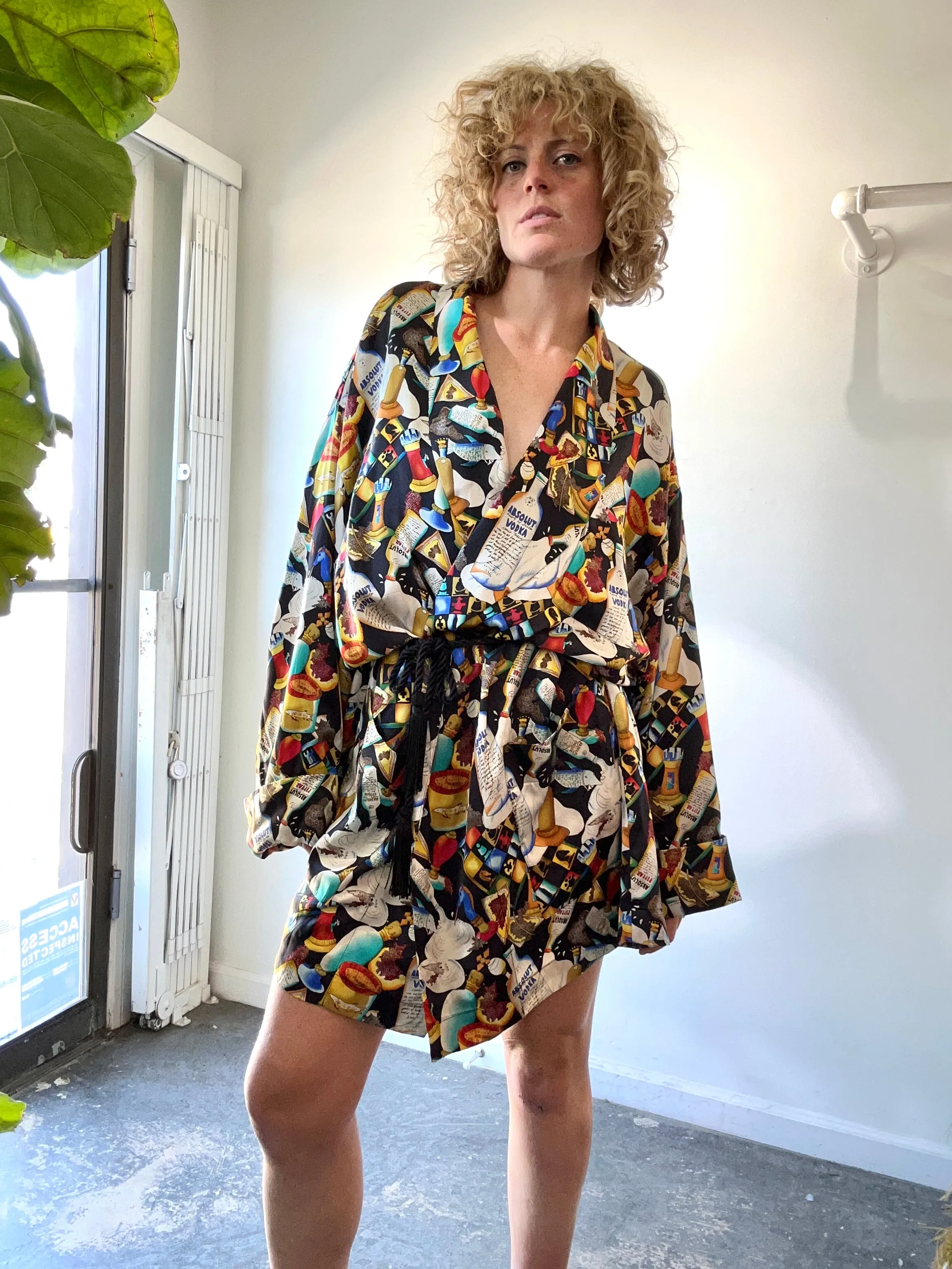 Vintage Nicole Miller Black Silk Absolut Vodka Robe