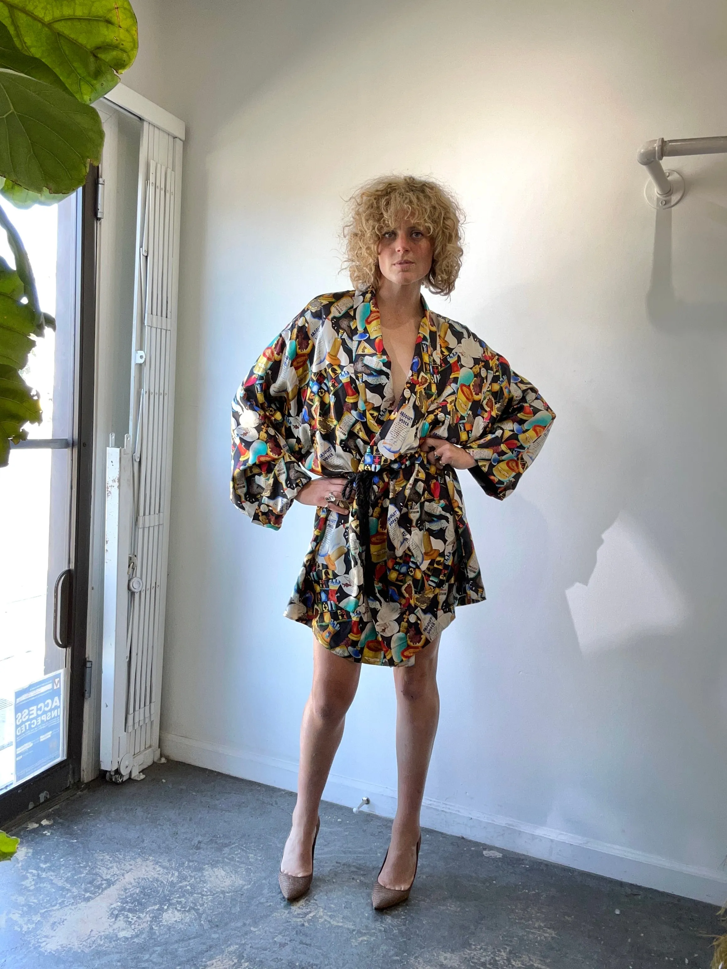 Vintage Nicole Miller Black Silk Absolut Vodka Robe