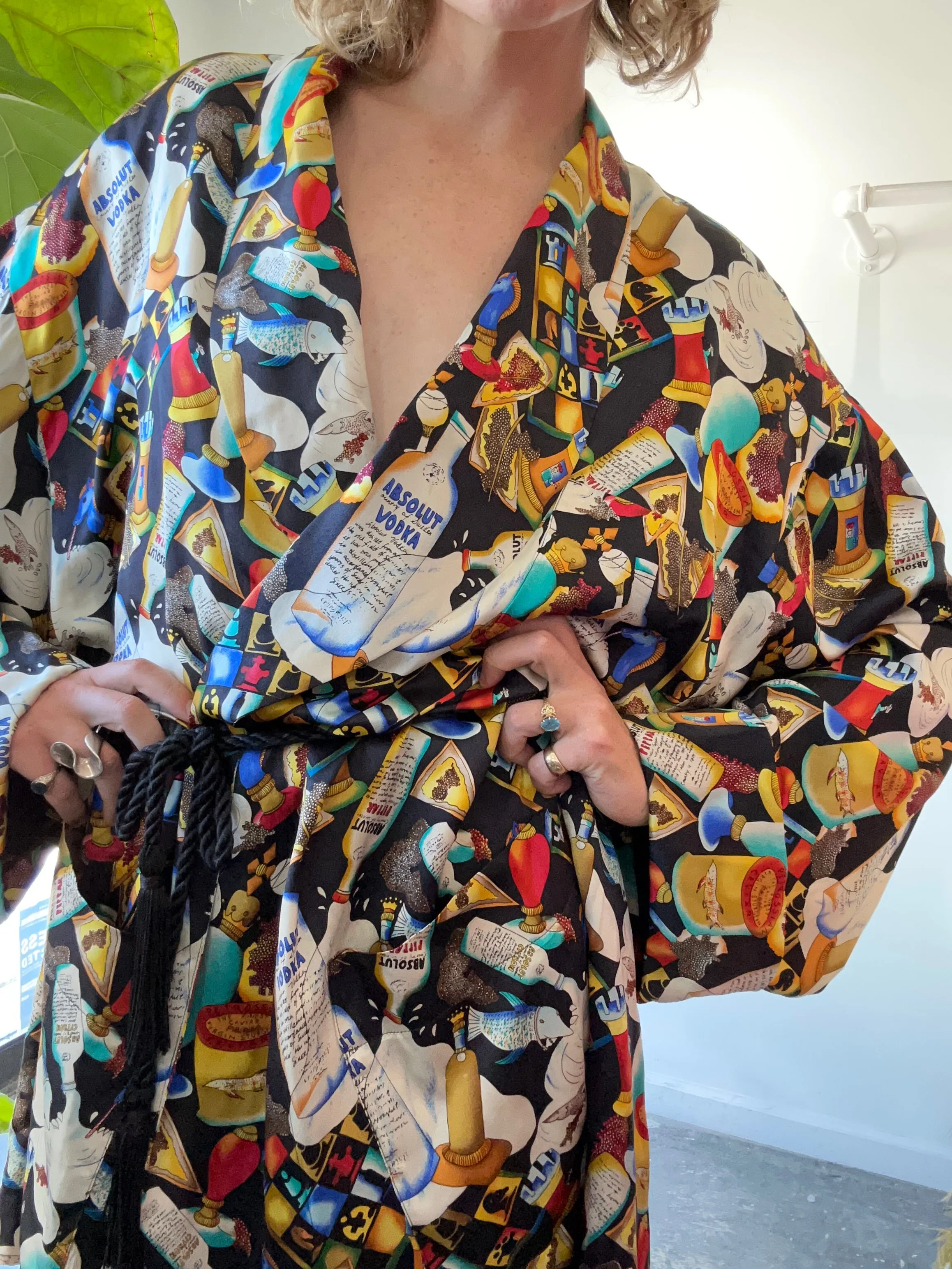 Vintage Nicole Miller Black Silk Absolut Vodka Robe