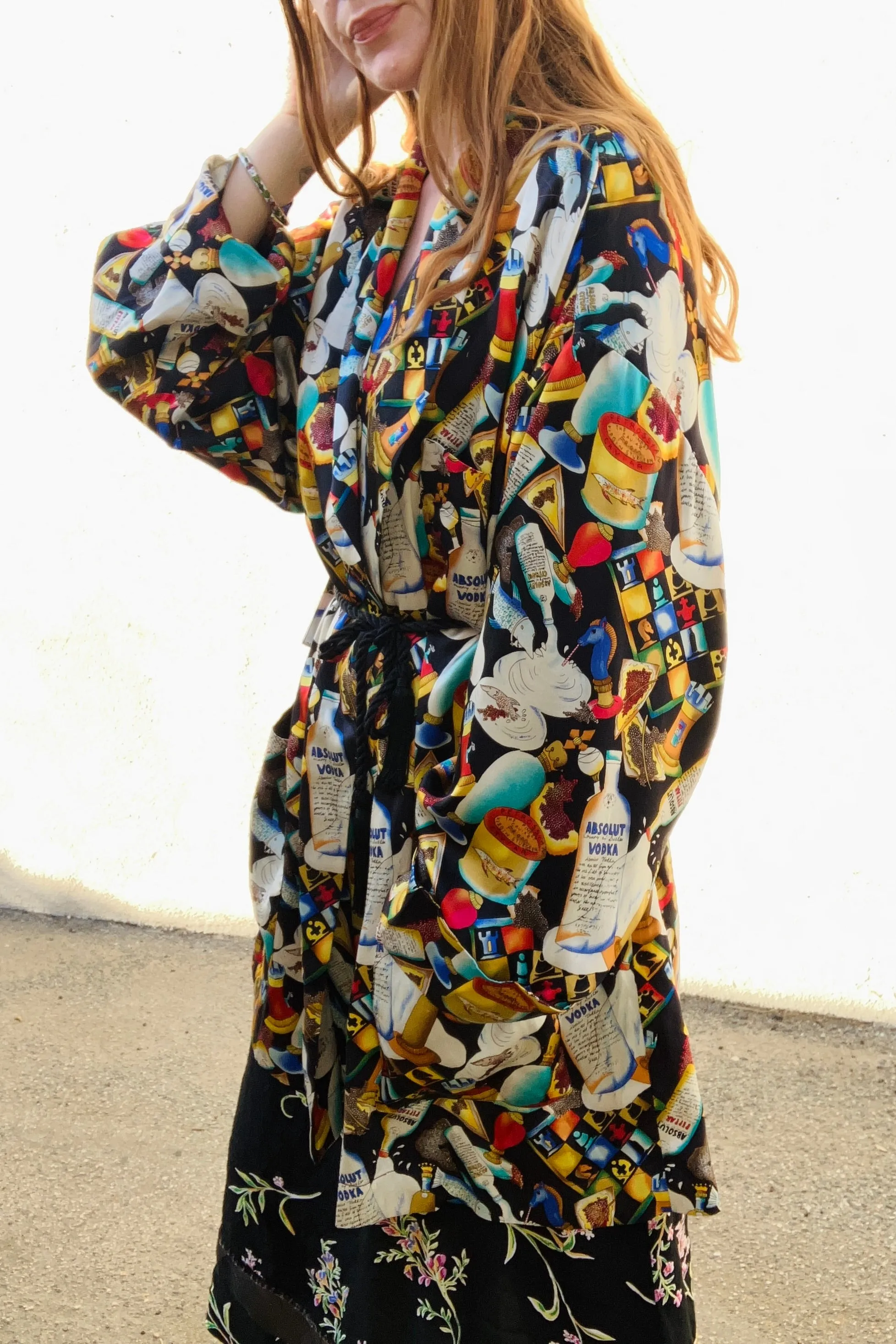 Vintage Nicole Miller Black Silk Absolut Vodka Robe
