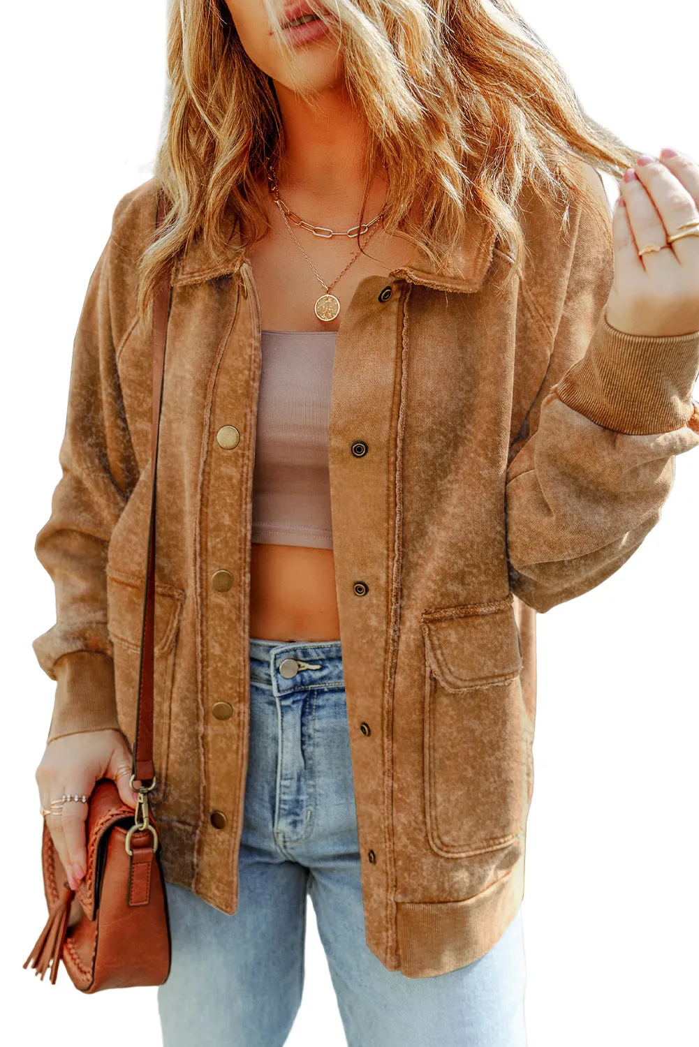 Vintage Washed Flap Pocket Button Khaki Shacket