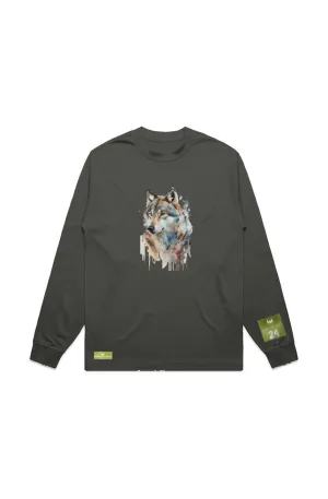 WOLFPACK UNLTD L/S GRAPHIC TEE | BLOOD ORANGE MOON | CYPRESS OLIVE GREEN