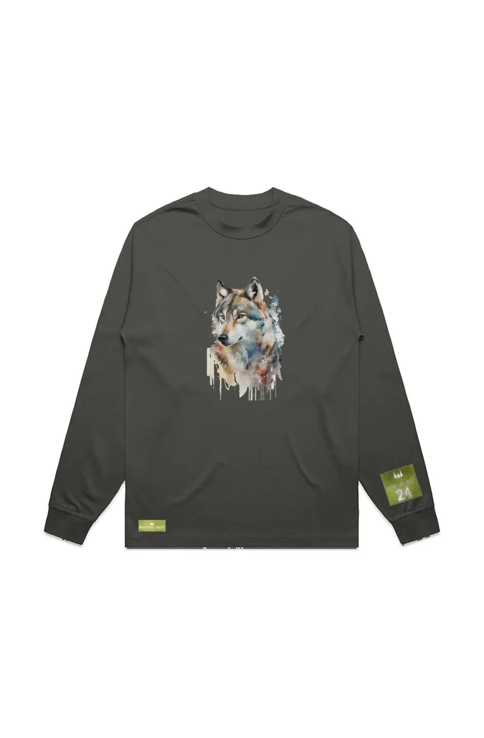 WOLFPACK UNLTD L/S GRAPHIC TEE | BLOOD ORANGE MOON | CYPRESS OLIVE GREEN