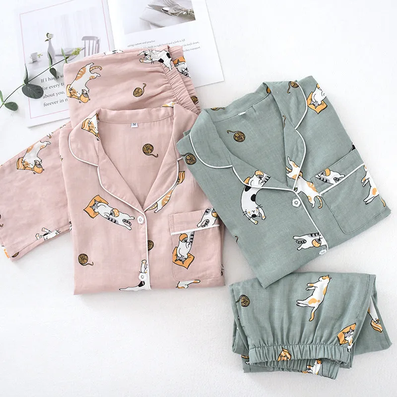 Women's Cotton Double-layer Gauze Long-sleeved Trousers Pajamas
