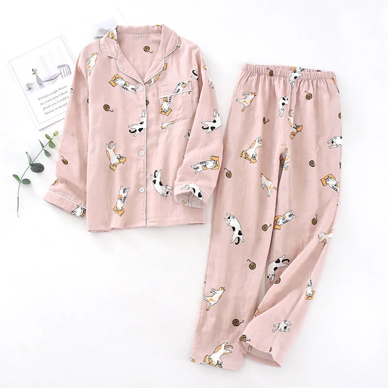 Women's Cotton Double-layer Gauze Long-sleeved Trousers Pajamas