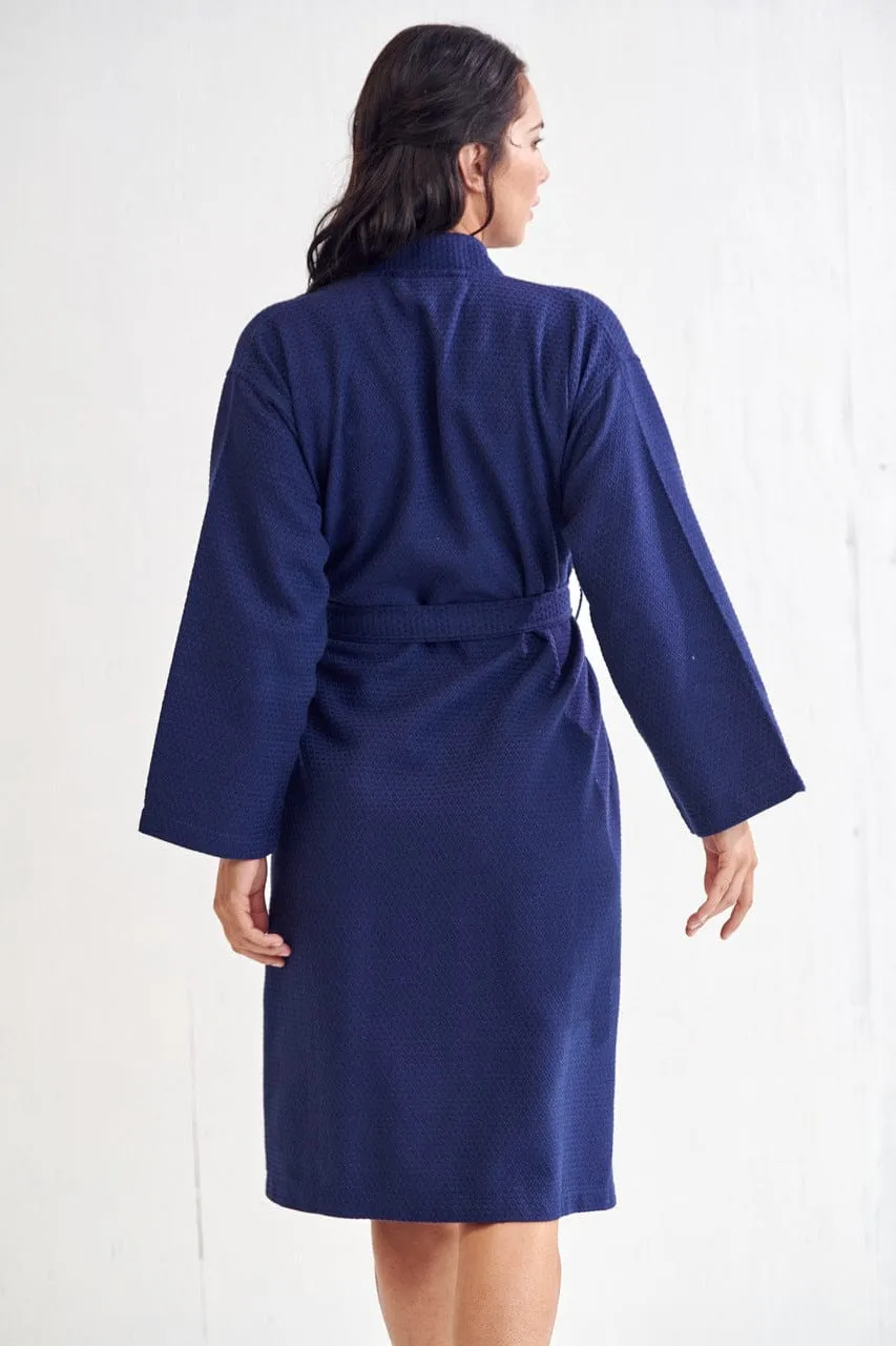 Women's Long Cotton Turkish Waffle Bathrobe, Kimono Style, Comfortable, Softness & Fast dry (NAVY)