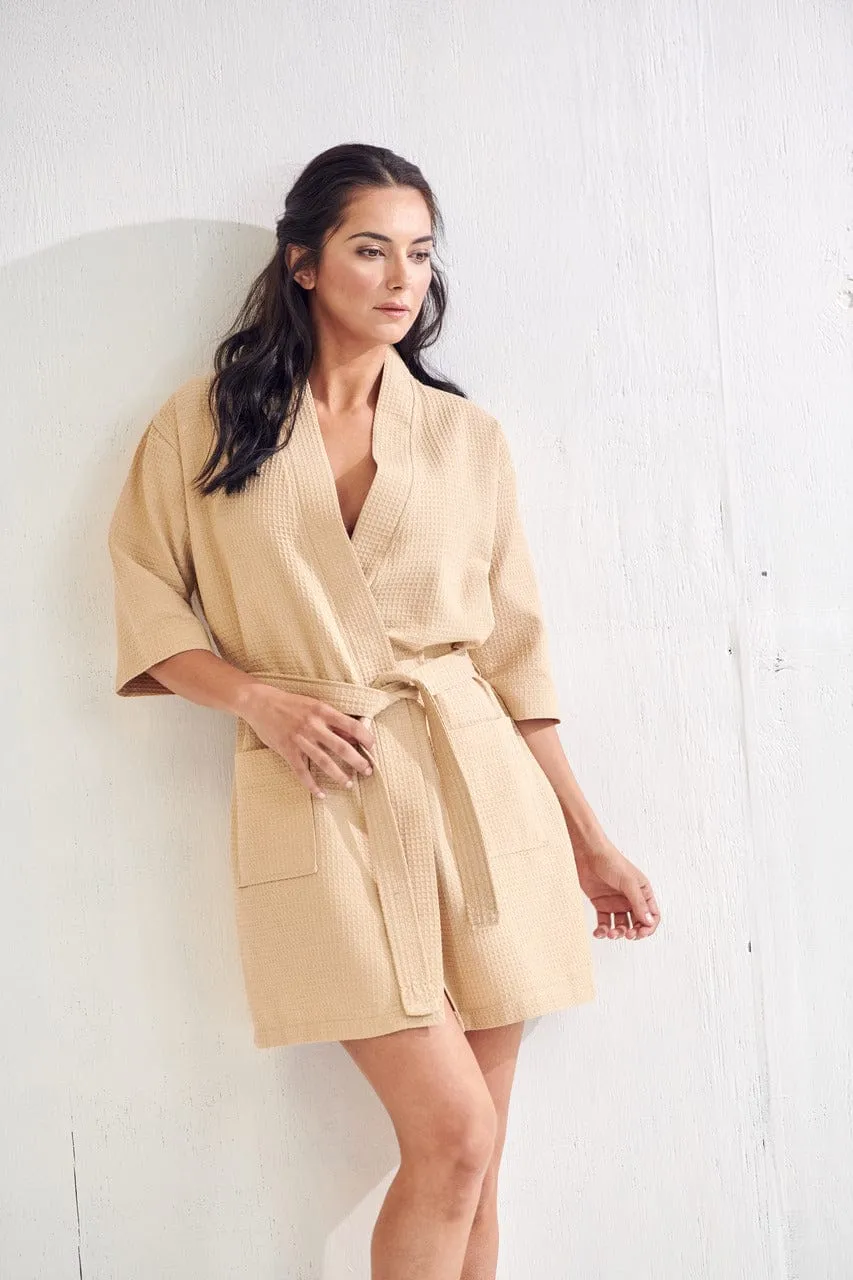 Women's Waffle Kimono Short Bathrobe- Luxurious Cotton Turkish, Absorbency & Lightweight  (Taupe)