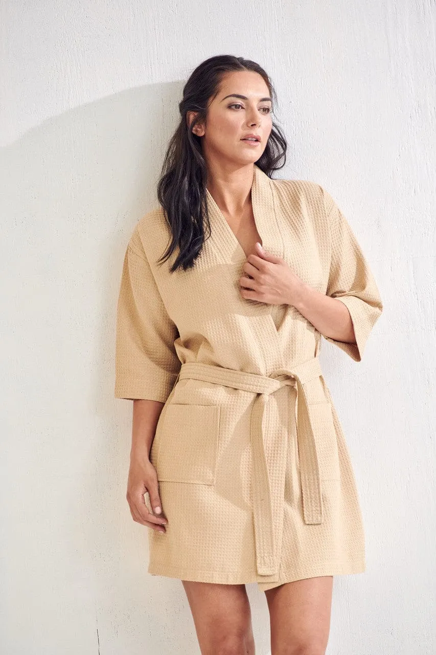 Women's Waffle Kimono Short Bathrobe- Luxurious Cotton Turkish, Absorbency & Lightweight  (Taupe)