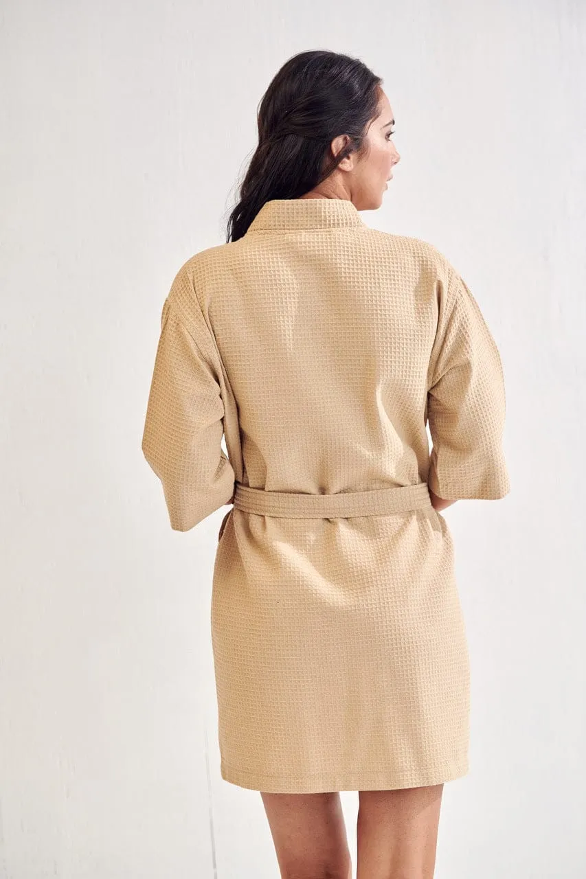 Women's Waffle Kimono Short Bathrobe- Luxurious Cotton Turkish, Absorbency & Lightweight  (Taupe)