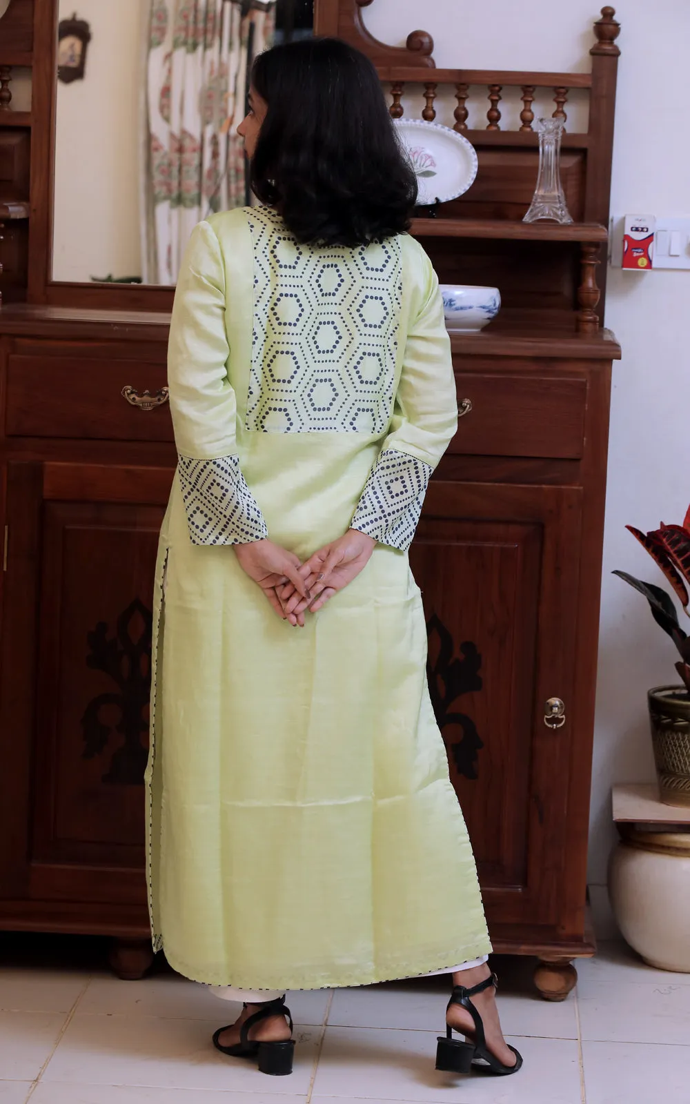 YELLOW WITH INK BLUE CHANDERI SILK KURTA