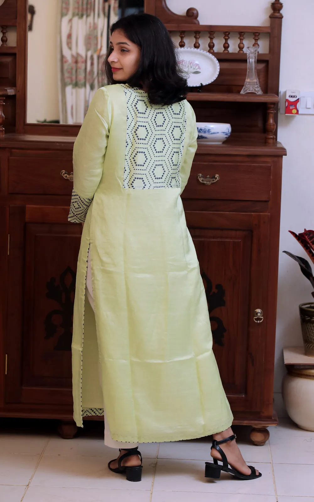 YELLOW WITH INK BLUE CHANDERI SILK KURTA