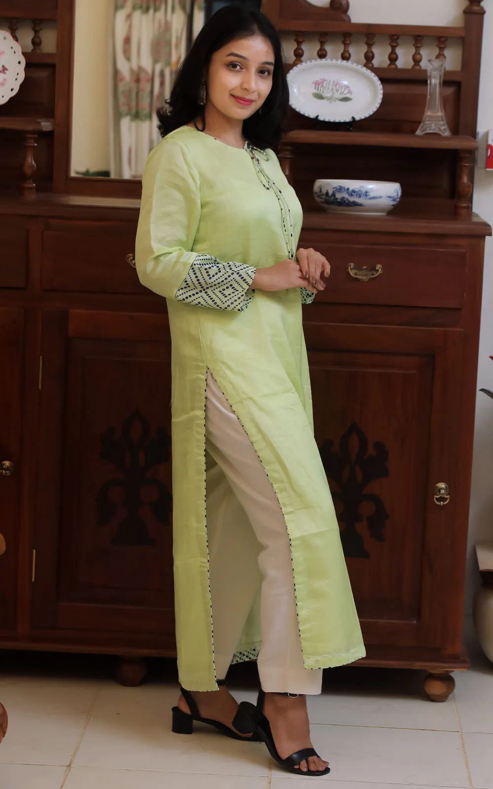 YELLOW WITH INK BLUE CHANDERI SILK KURTA