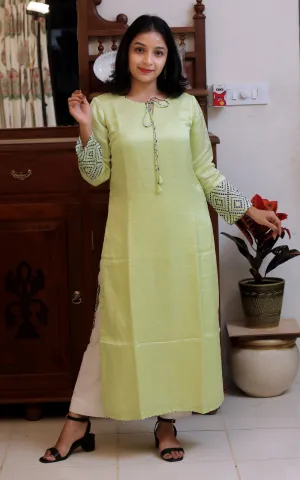 YELLOW WITH INK BLUE CHANDERI SILK KURTA
