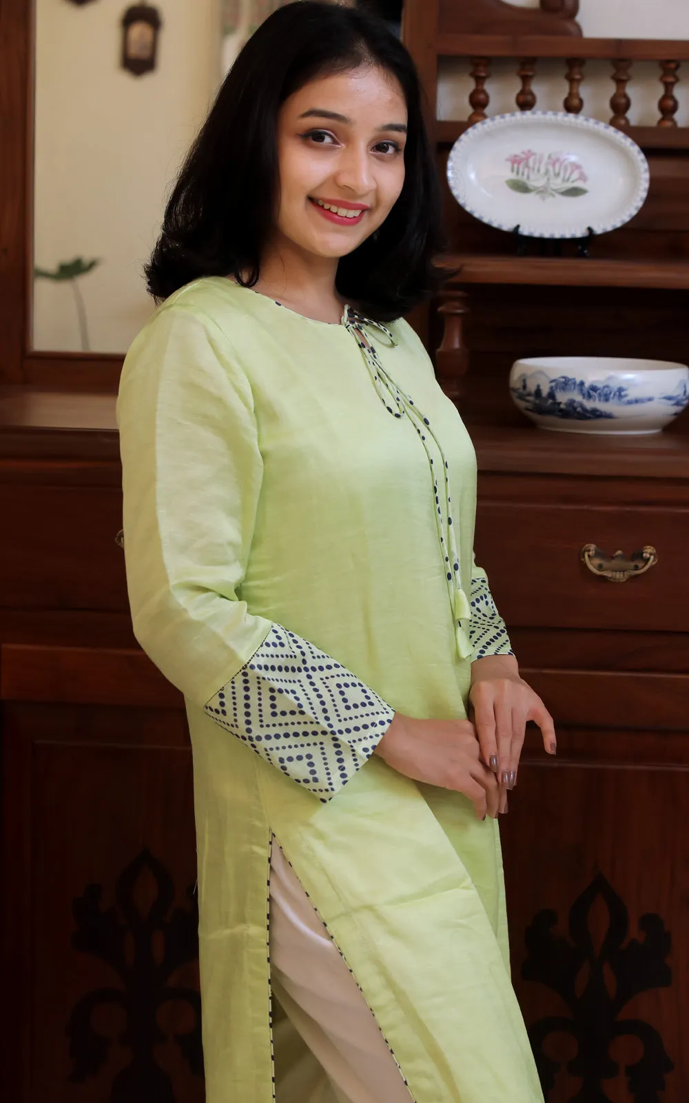 YELLOW WITH INK BLUE CHANDERI SILK KURTA